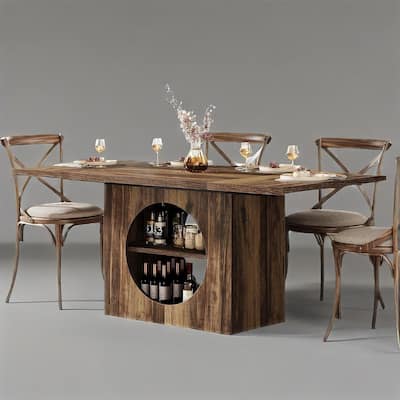 Brown Rectangular Dining Table with 2 Tier Storage Seats 4 to 6 Modern Wood Dining Table for Home - 62.2" x 31.1" x 29.53"