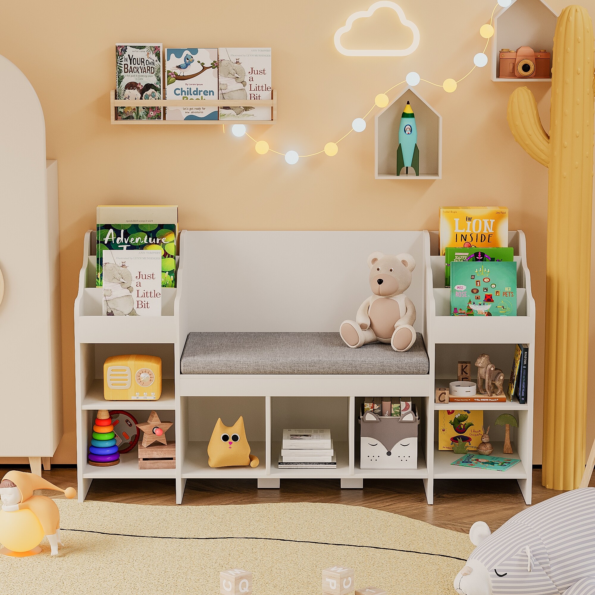 White bookcase with online toy box