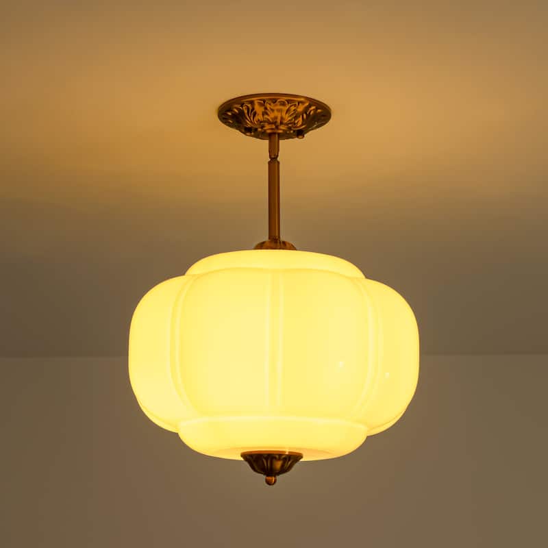 1-Light Retro Antique Brass Pumpkin Shaped Flush Mount Ceiling Light/Pendant Light with Milk/Green Glass for Kitchen,Dining Room