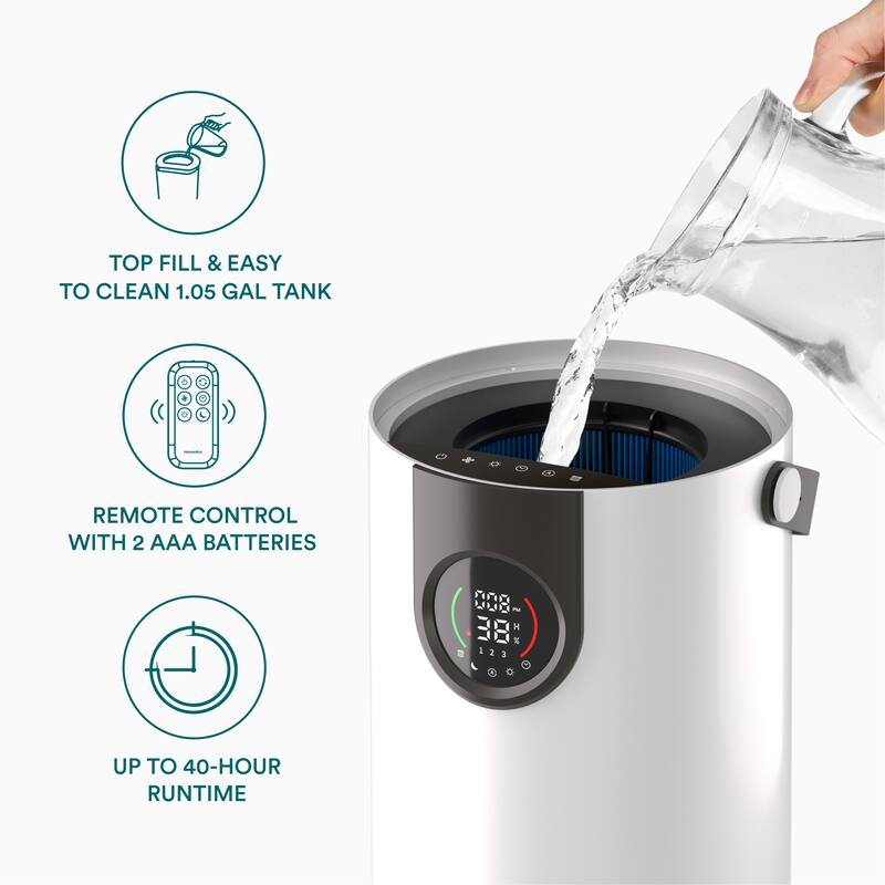 Homedics AP‑H400 2‑in‑1 Cool Mist Humidifier & Air Purifier | Digital Particle Sensor | Covers Up to 416 sq ft | White