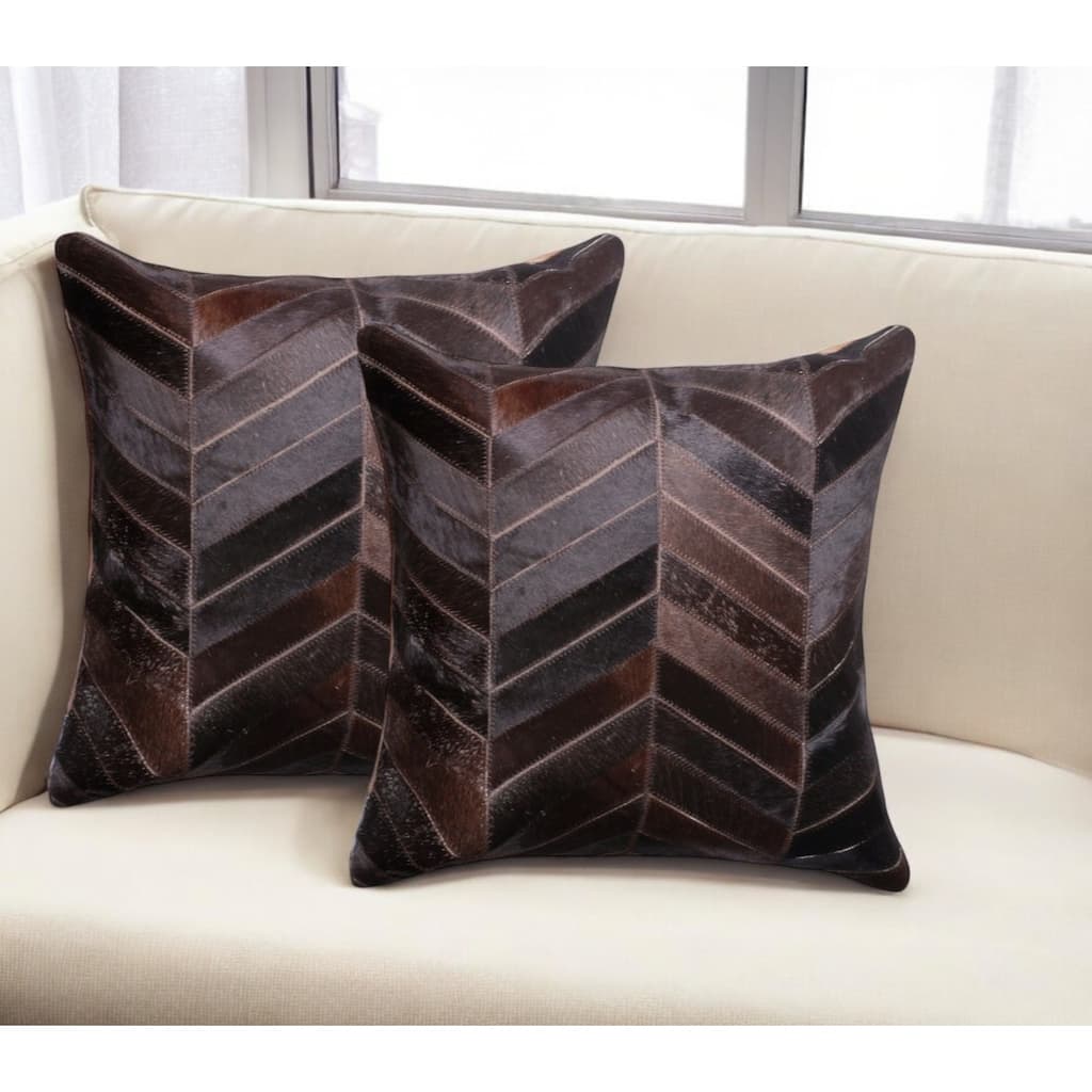 Set of Two 18" Chocolate Chevron Cowhide Throw Pillows