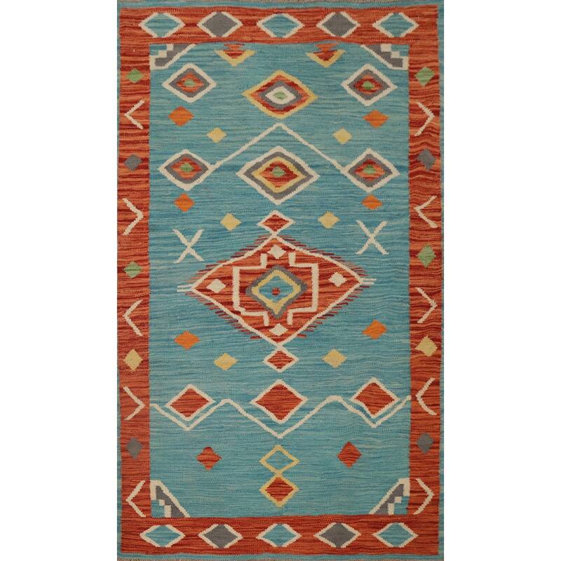 Hand Woven Oriental 100% Wool Carpet Southwestern Tribal Navy Blue & Blues Kilim Area Rug - 5' 0'' X 3' 2''