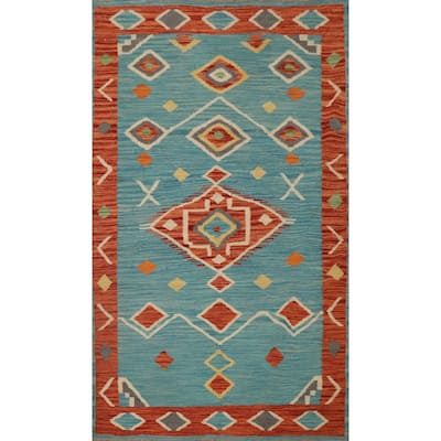 Hand Woven Oriental 100% Wool Carpet Southwestern Tribal Navy Blue & Blues Kilim Area Rug - 5' 0'' X 3' 2''