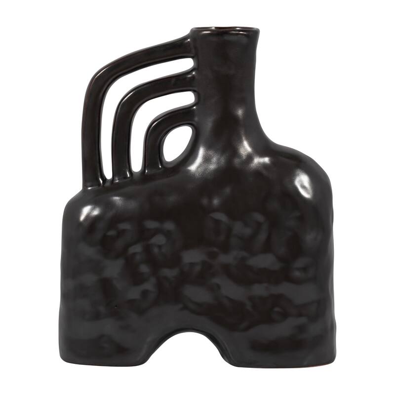 Ceramic Metallic Triple Handle Vase, Black, Novelty, Solid Color - 10" x 4" x 12" - Black