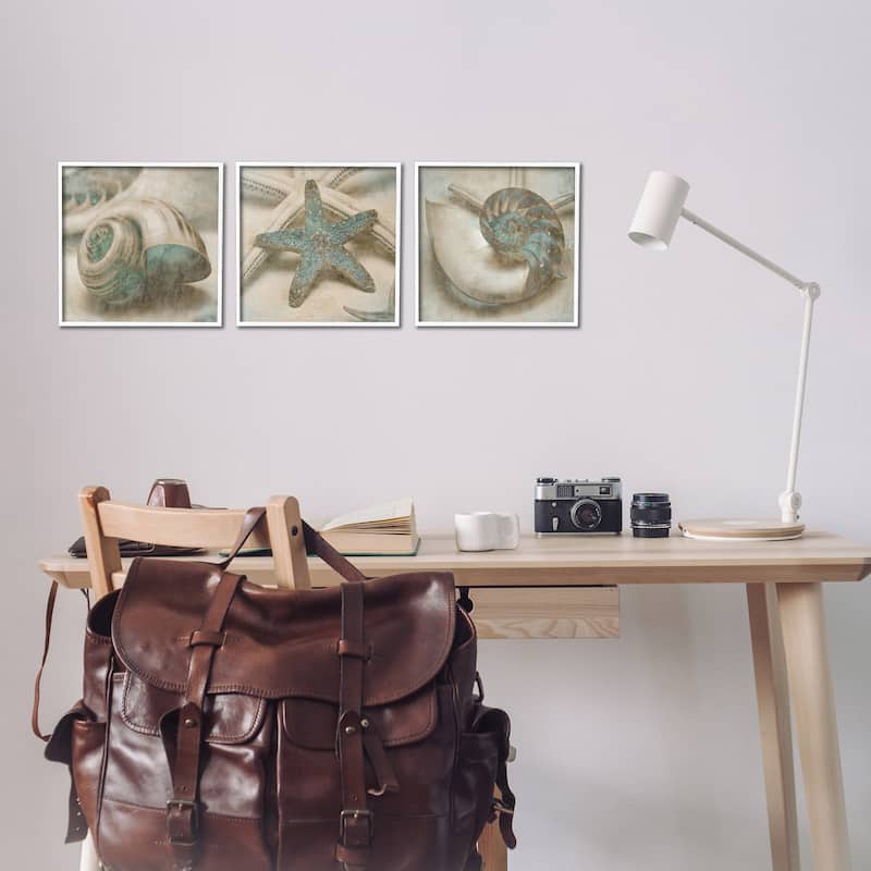 Stupell Star Fish and Sea Shells Distressed Texture Blue Tan Design ,3pc Multi Piece Framed Wall Art Set