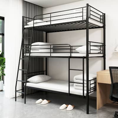 Space-Saving Triple Bunk Bed, Metal Frame, Can Split into 3 Twin Beds, Black
