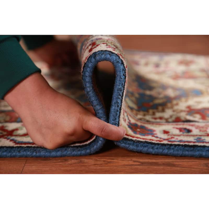 Hand Knotted Oriental 100% Wool Carpet Traditional Medallion Navy Blue & Blues Heriz (serapi) Area Rug - 3' 0'' X 2' 0''