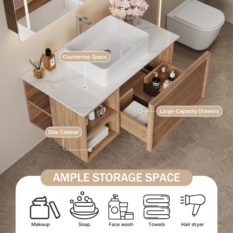 36" Modern Bathroom Vanities With Single Sink, White Glossy Stone Table Top， Floating Vanities With Wood Cabinets