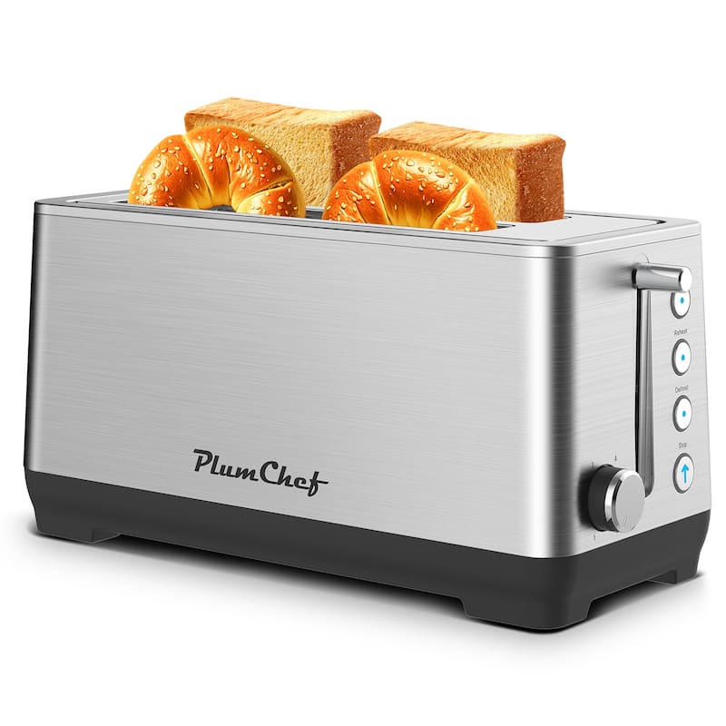 4-Slice Extra Wide Long Slot Toaster, Stainless Steel with Warming Rack, Removable Crumb Tray, 6 Browning Settings - Silver