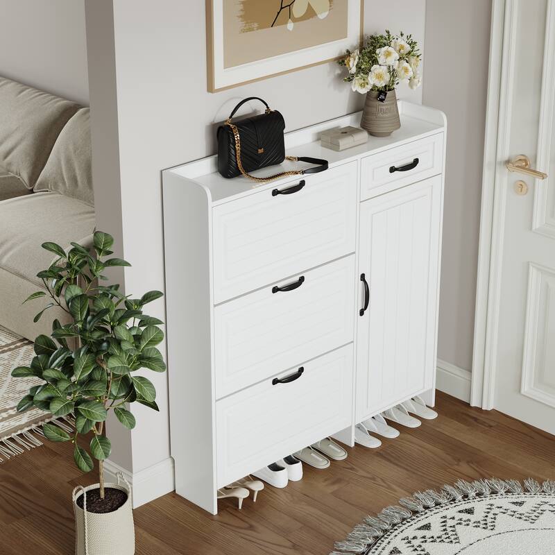 Shoe Cabinet with 4 Doors & 1 Drawer, Large Storage Entryway Organizer, Narrow Shoe Rack with Adjustable Shelves