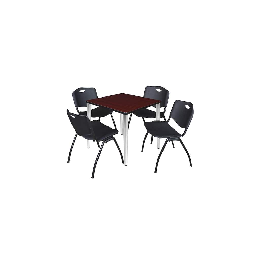 30 in. Square Breakroom Table- Mahogany Top, Chrome Base & 4 M Stack Chairs- Black