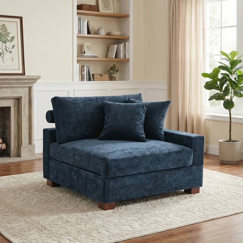 Plush Chenille Single Modular Sectional Sofa Chaise with Pillows - Blue-Sofa R - Right Facing