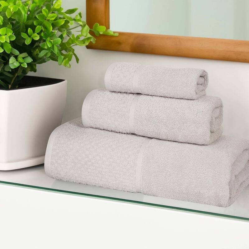 Superior Lodie Cotton Plush Absorbent Jacquard Solid 3 Piece Towel Set - Stone