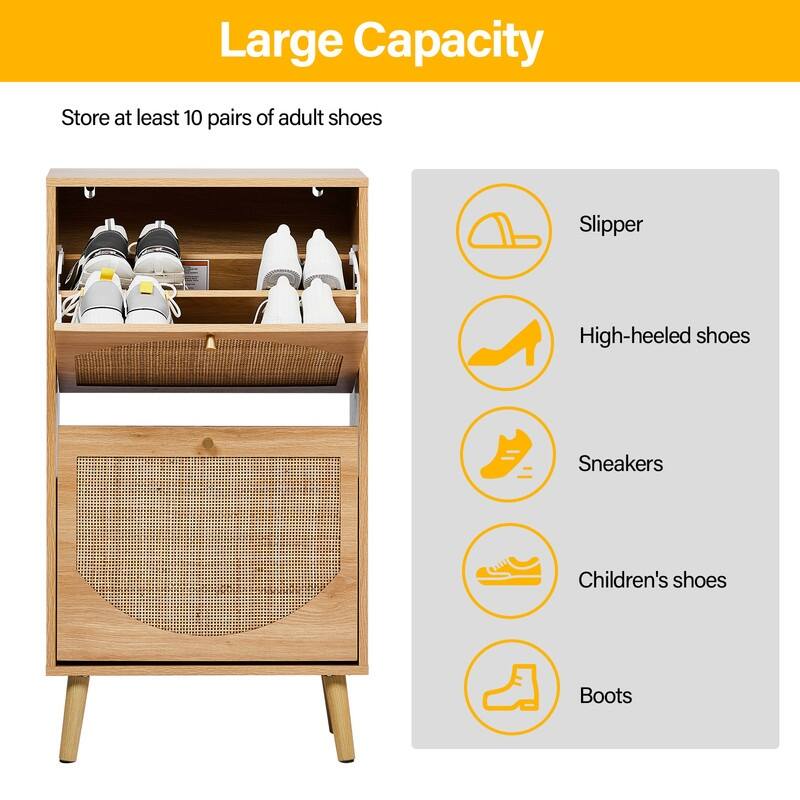 Rattan Shoe Cabinet with 2 / 4 Flip Drawers, Narrow Shoe Storage Cabinet,Organizer for Entryway, Bedroom, Living Room