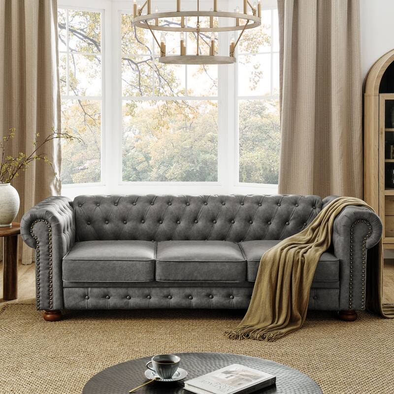 88.5" Chesterfield Sofa - Tufted PU 3-Seater with Scrolled Arms & Nailhead Trim (37"x28") - Grey/Black