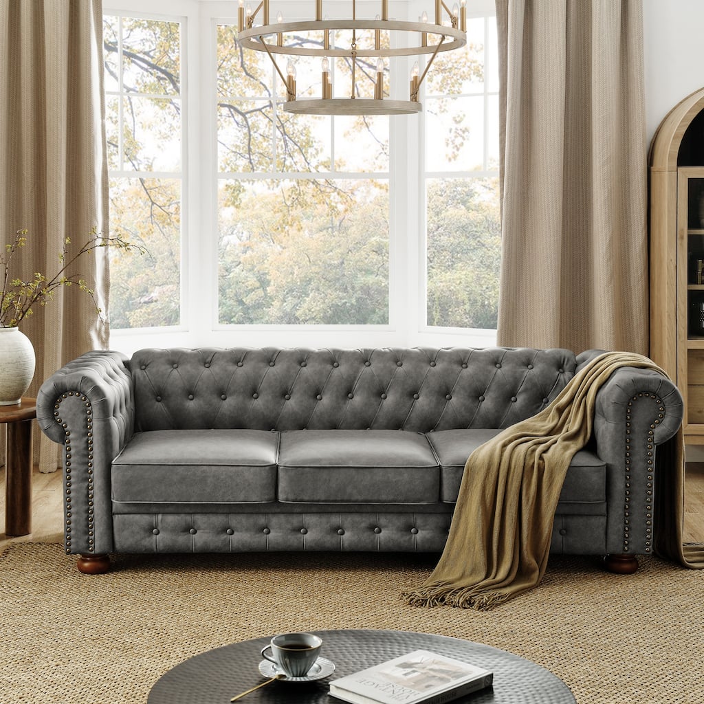 88.5" Chesterfield Sofa - Tufted PU 3-Seater with Scrolled Arms & Nailhead Trim (37"x28")
