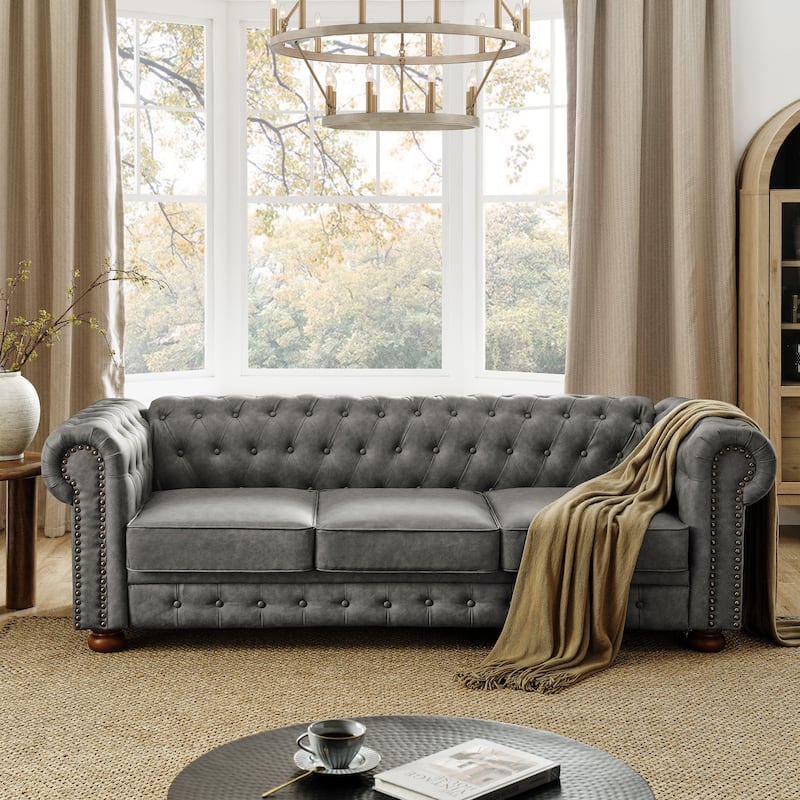 Roomfitters Chesterfield Tufted Linen Upholstered 3-Seater Sofa with Scrolled Arms and Nailhead Trim - Dark Grey