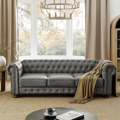 Tufted Upholstered PU 3-Seater Sofa with Scrolled Arms and Nailhead Decoration, Dark Gray (88.5''x37''x28'')