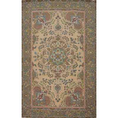 Hand Knotted Oriental 100% Wool Carpet Traditional Floral Beige & Ivories Tabriz Area Rug - 9' 5'' X 6' 5''