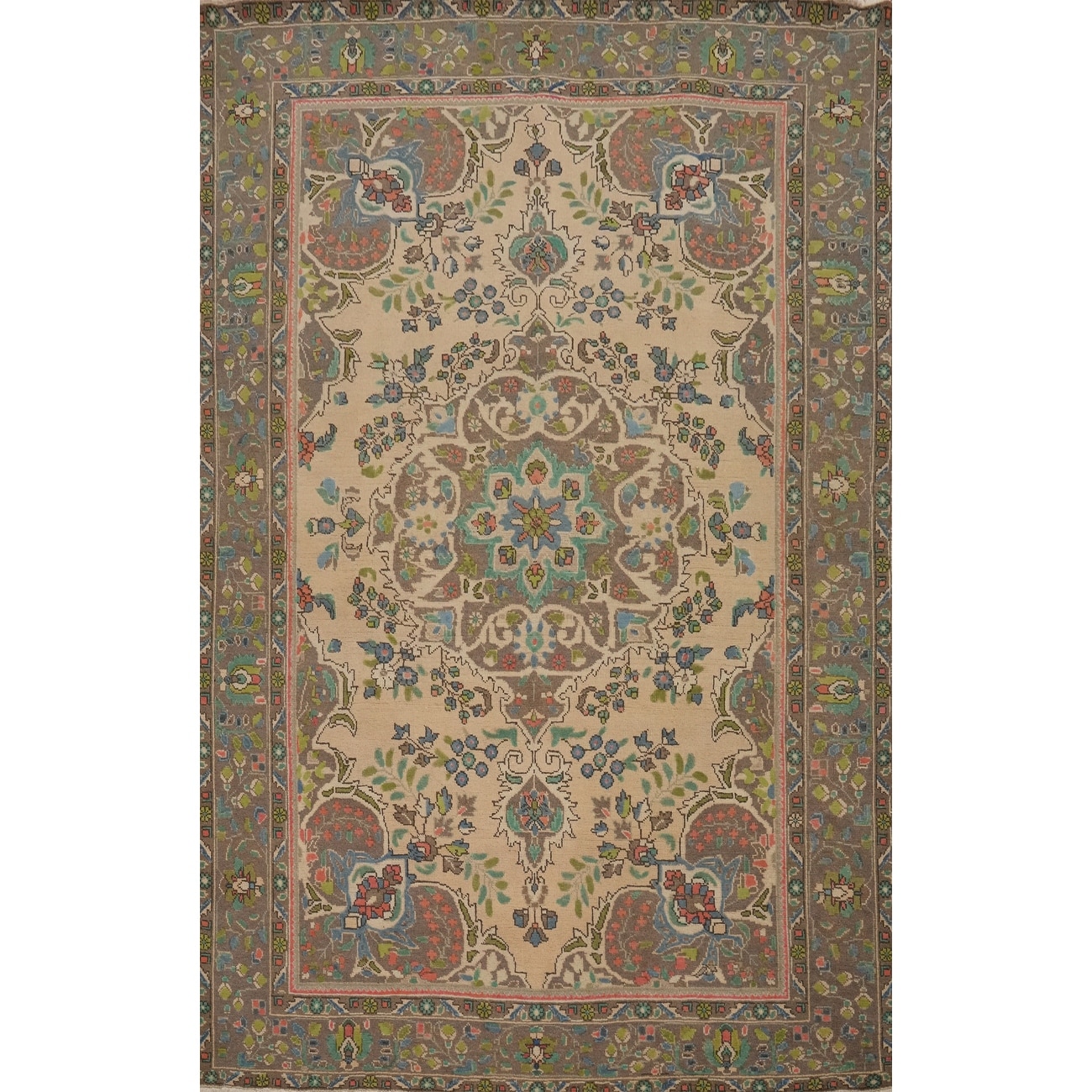 Hand Knotted Oriental 100% Wool Carpet Traditional Floral Beige & Ivories Tabriz Area Rug - 9' 5'' X 6' 5''