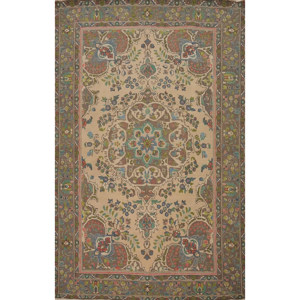 Hand Knotted Oriental 100% Wool Carpet Traditional Floral Beige & Ivories Tabriz Area Rug - 9' 5'' X 6' 5''