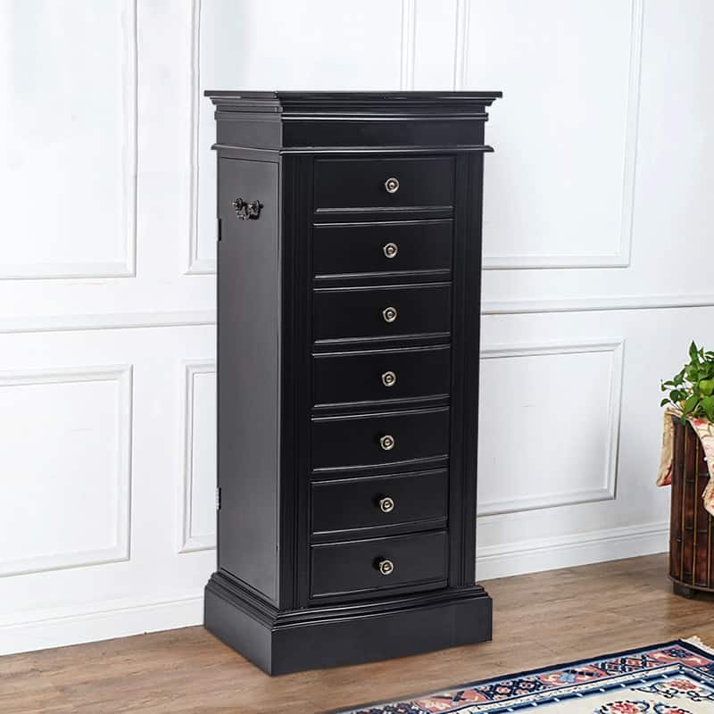 Jewelry Armoire with Mirror, 7 Drawers & 24 Necklace Hooks, 2 Side Swing Doors - Black