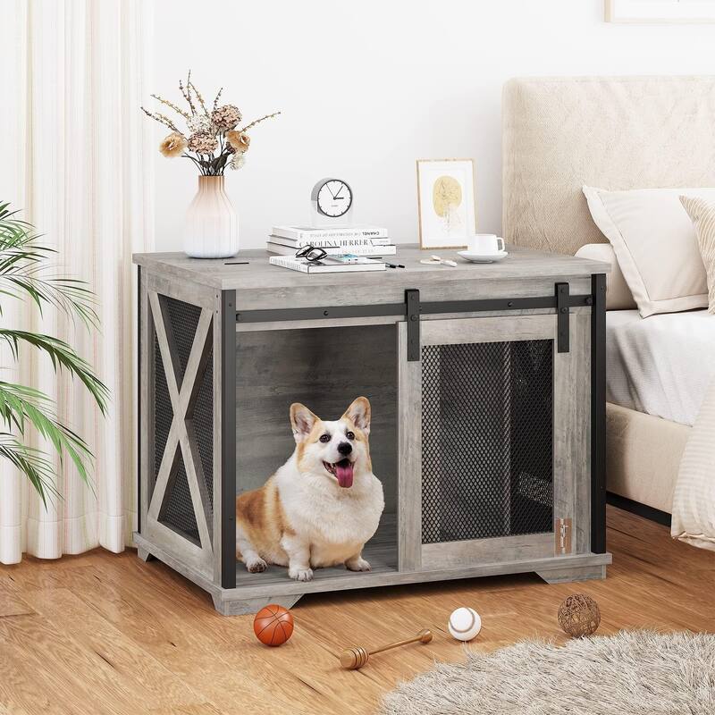 Rustic Dog Crate Furniture with Sliding Barn Door