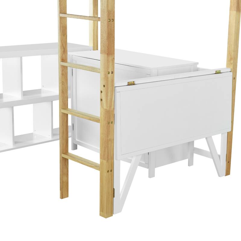 Twin Size Solid Wood Loft Bed with Built-in Storage and Foldable Desk