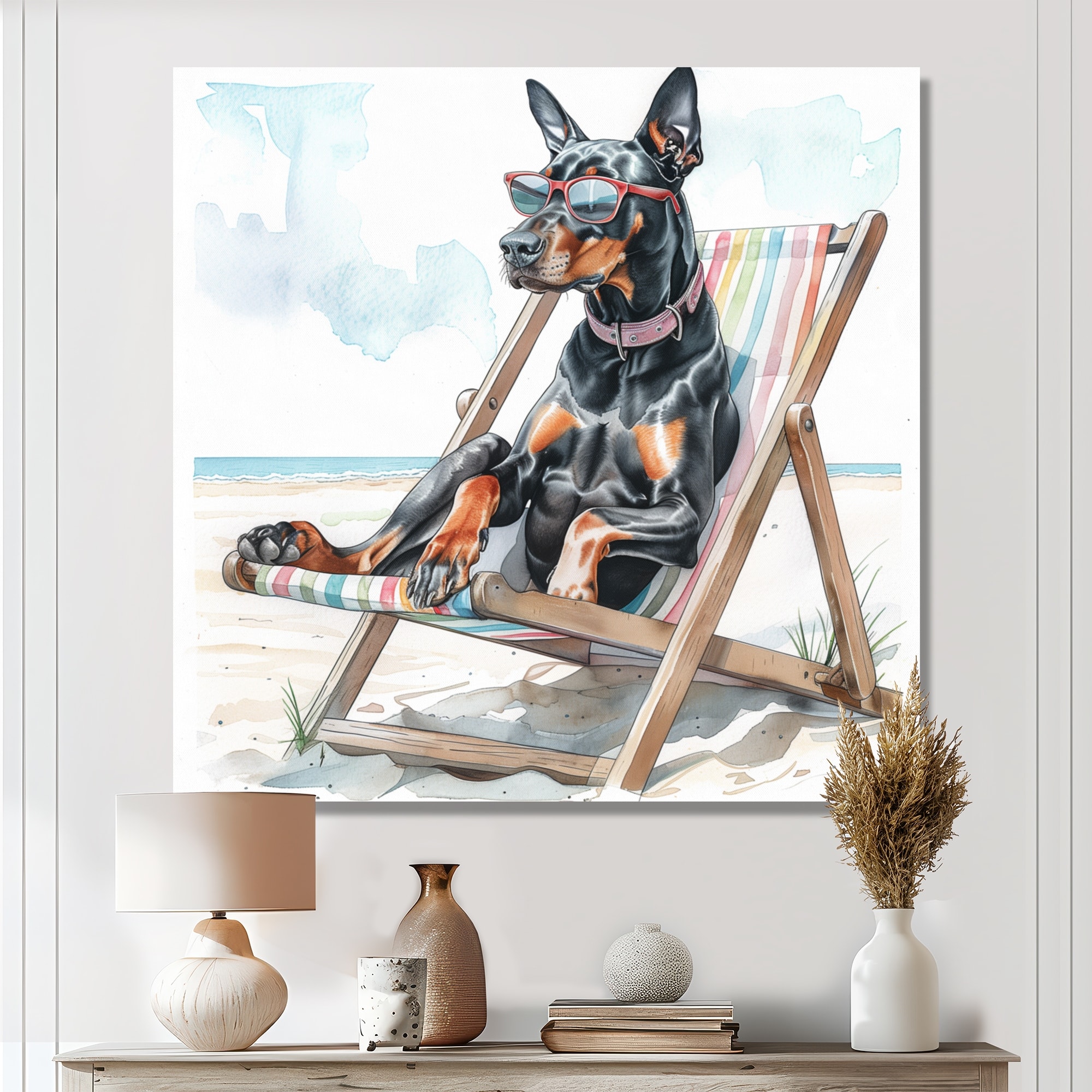 Designart "Doberman Dog Relaxing On A Beach Chair II" Coastal Animal Canvas Wall Art - Nautical & Coastal Wall Decor