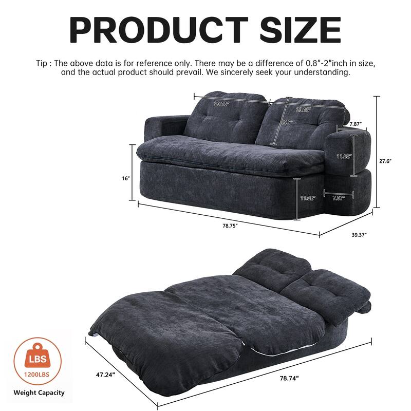 Modern 2-Seater Sofa Sofa Bed with Foldable Sofa Cushions and 2 Throw Pillows, for Living Room and Playroom