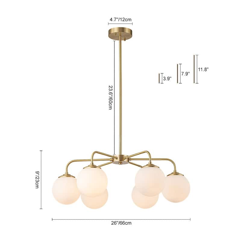 6-Light Frosted White Glass Brass Round Sputnik Chandelier - 26in Wide