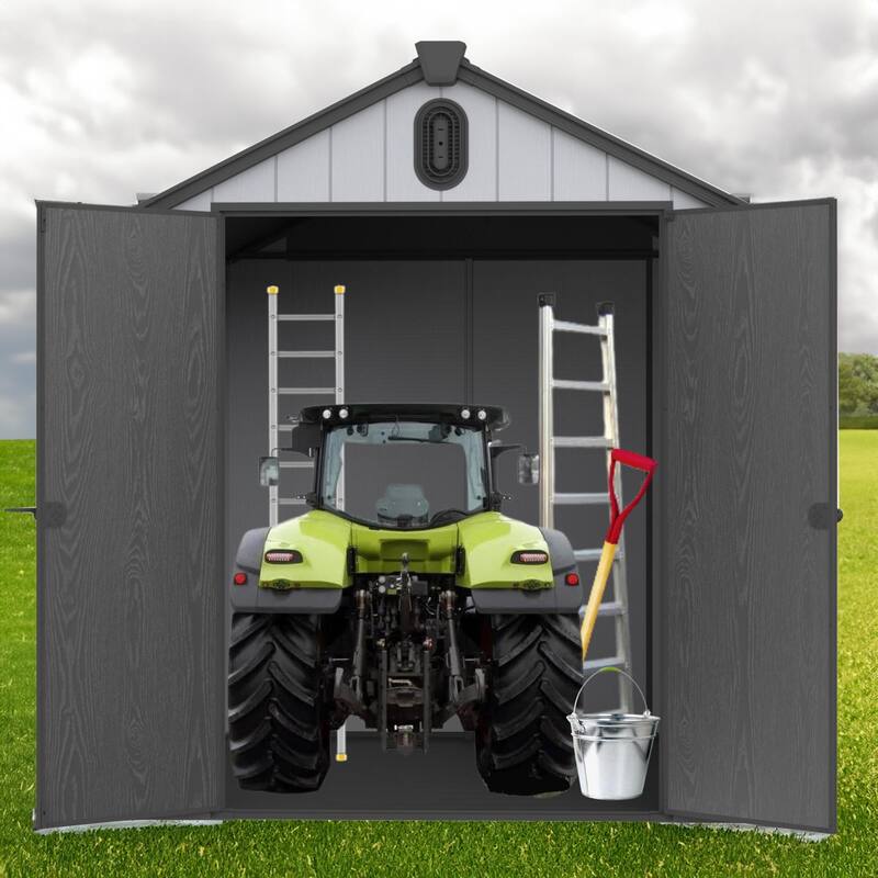 Waterproof Resin Garden Shed with Hinged Double Doors & Rain Gutter Weatherproof Storage Shed, Double Wall Panels