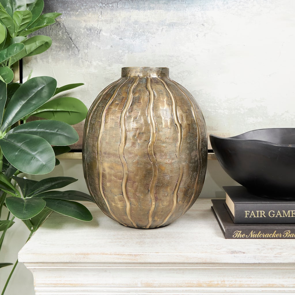 Brass Metal Snakeskin Inspired Decorative Vase with Dimensional Wavy Accents