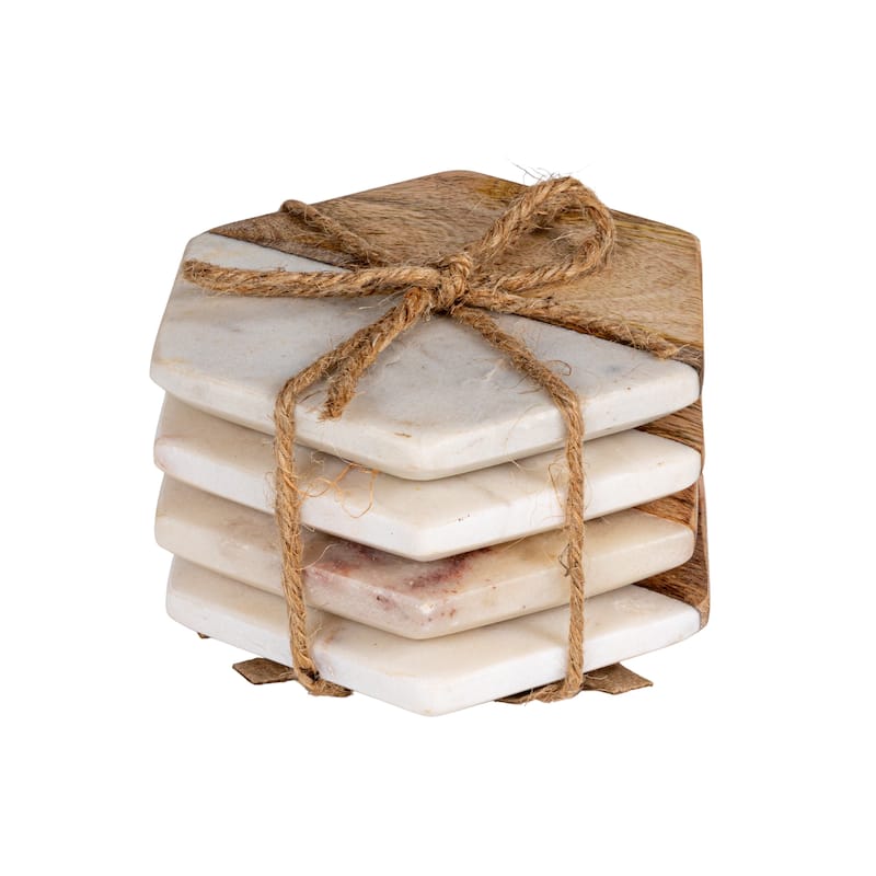Marble & Mango Wood Hexagon Coasters - 4.0"L x 4.0"W x 0.5"H