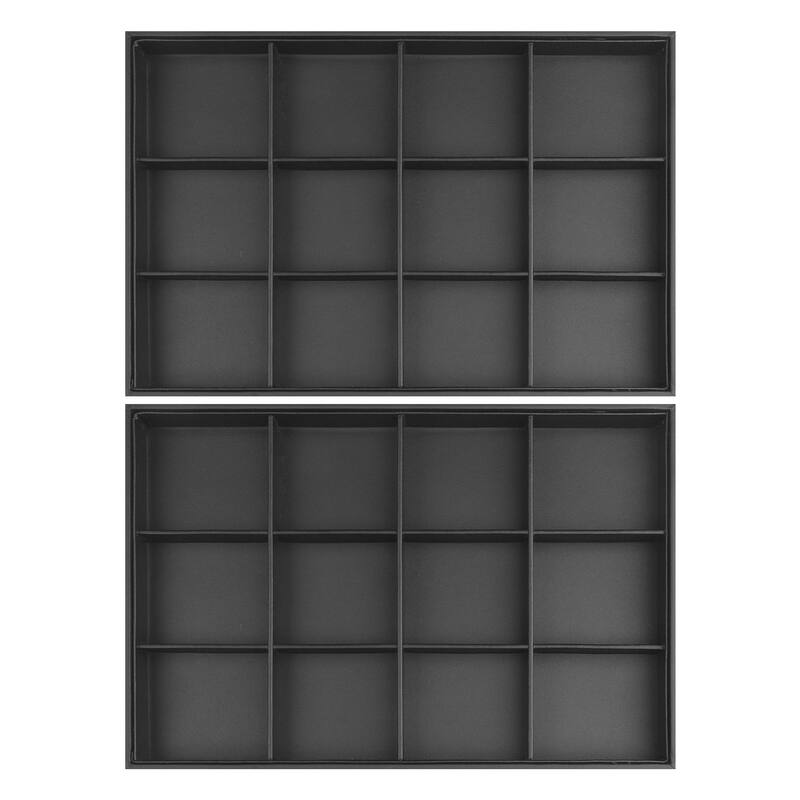 Set of 2 Stackable Jewelry Organizer Trays with Removable Dividers for Drawers, PU Leather Jewelry Organizer Drawer - Black - 12 Grid Tray