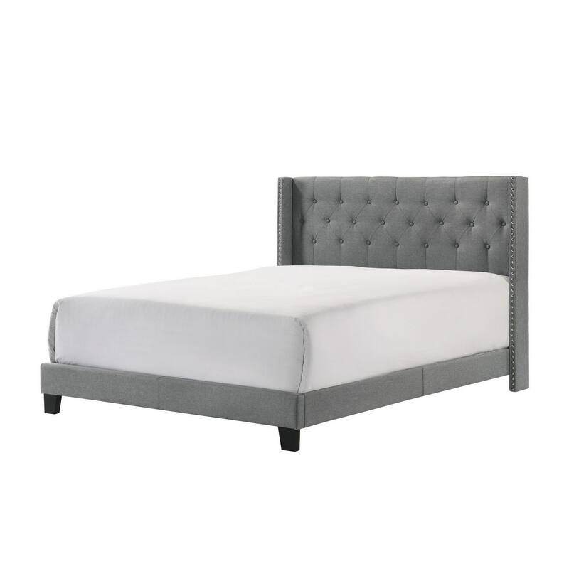 Lih Full Bed, Tufted Headboard, Wood Frame, Fabric, Black Legs, Gray