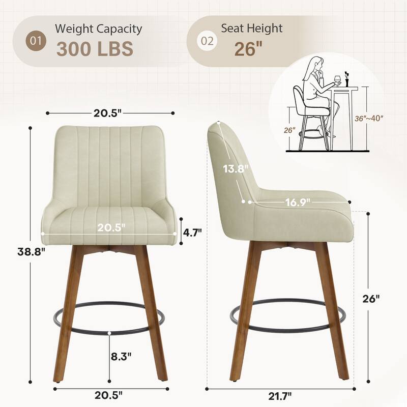 26" Upholstered Counter Height Swivel Bar Stool with Solid Wood Legs - 38.8"H x 20.5"W x 21.7"D