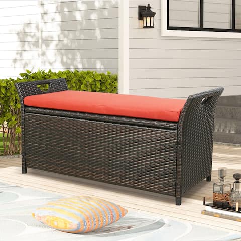 Outdoor Storage Bench Rattan Style Deck Box w/Cushion