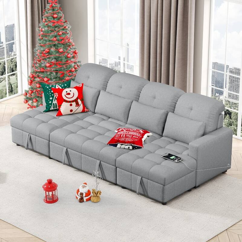 110.2" Modern U-shaped Sectional Pull-out Sofa with Storage Chaise and USB Ports