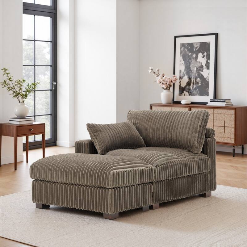 Modren Plush Upholstered Coner Chair and Ottoman Set - Light Brown - Left Facing