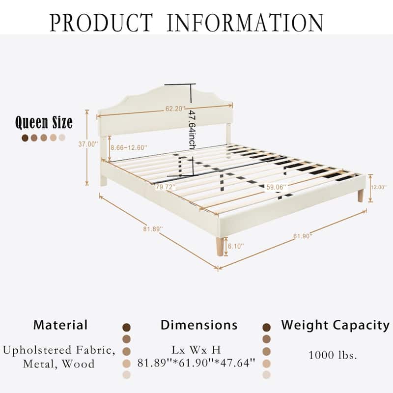 Queen Size Beige Linen Fabric Upholstered Platform Bed with Adjustable Curved Headboard, Slats Bed Frame and Plastic Bed Feets