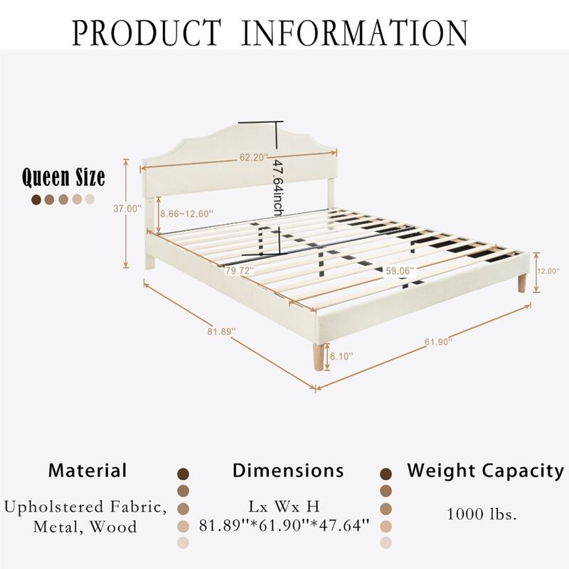 Queen Upholstered Platform Bed with Adjustable Headboard, Linen Fabric, No Box Spring Needed, Beige