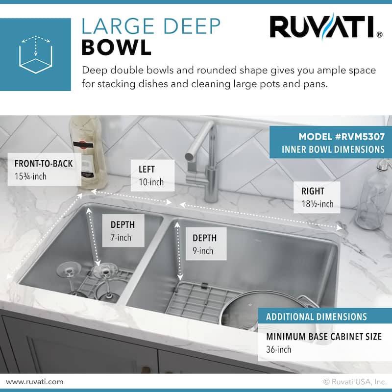 Ruvati 32-inch Undermount Kitchen Sink 30/70 Double Bowl 16 Gauge Stainless Steel - RVM5307 - 8' x 11'