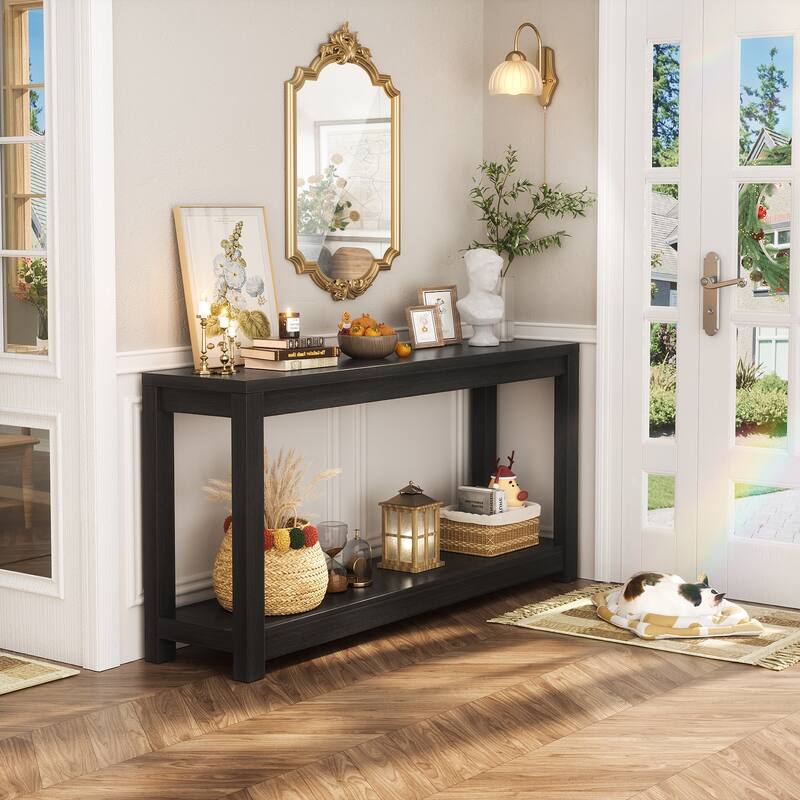 Farmhouse Black Thick Console Sofa Table, Wood Entryway Desk with Storage Shelf