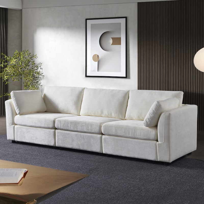Creamy White Chenille 3-seater Modular Sofa with Wood Frame