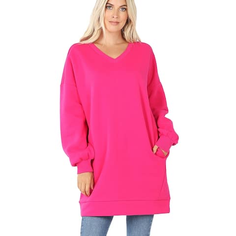 JED Women's Oversized V-Neck Long Sleeve Pull-Over Tunic Sweatshirt