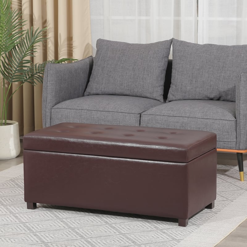 Adeco Rectangle Storage Ottoman Bench for Living Room Bedroom - Brown-Faux-Leather