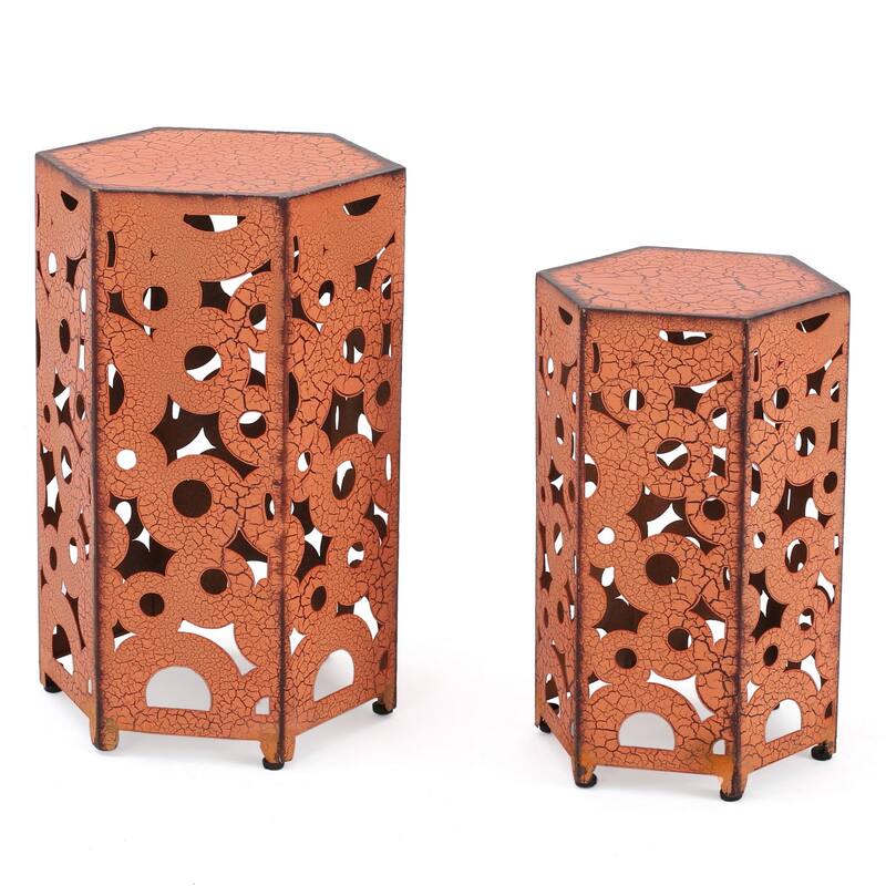 Silva Accent Table Set of 2, Hexagonal Top, Cut Pattern, Orange Iron