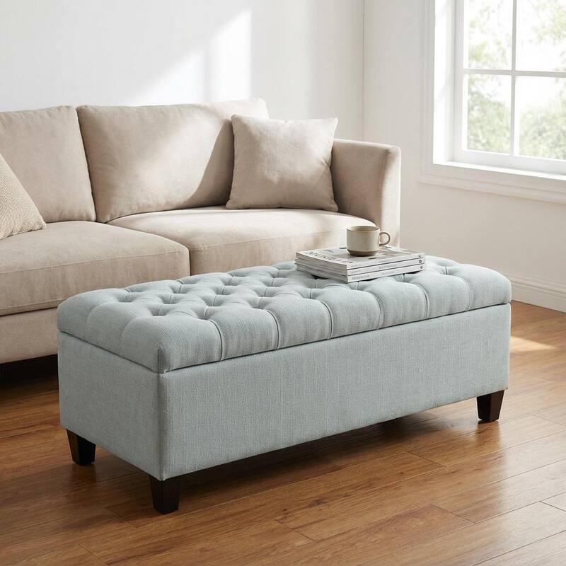 50.25" Baby Blue Storage Ottoman Bench with Safety Hinges for Bedroom