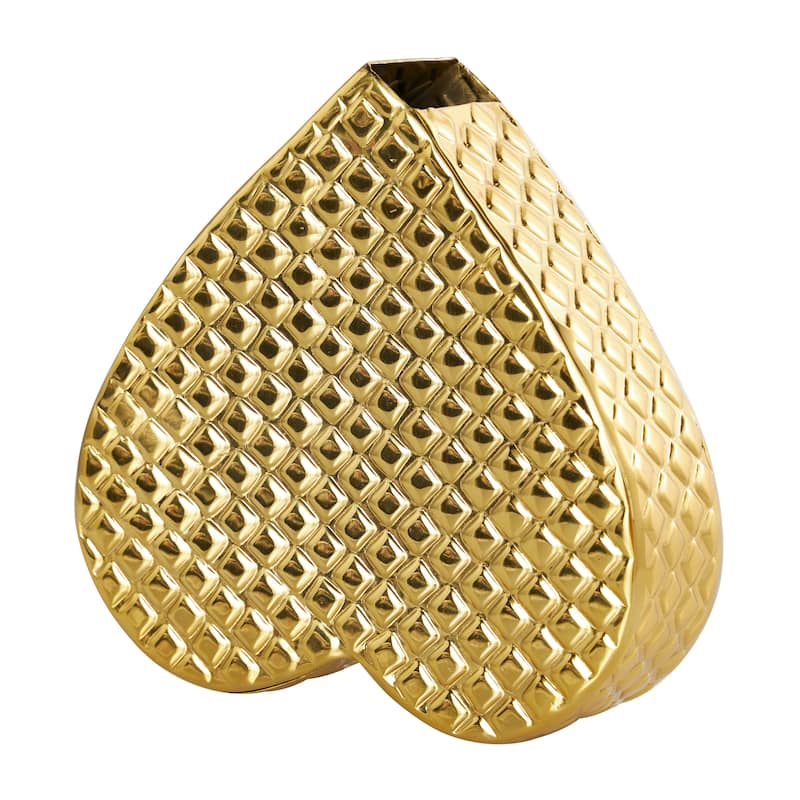 Gold or Silver Aluminum Metal Slanted Heart Sculpture with Dimensional Cube Textured Exterior